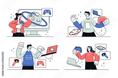 Cyberspace concept set in flat line design. Men and women in VR headsets and controllers interact with augmented reality in games or learning. Vector illustration with outline people scene for web