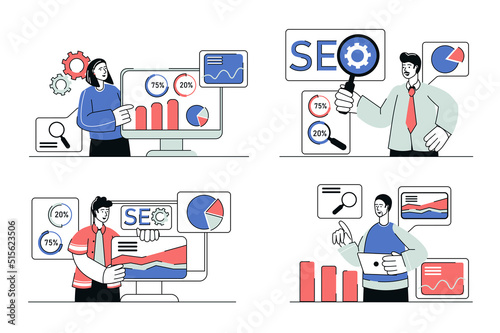 Seo analysis concept set in flat line design. Men and women analyze website data, traffic speed, keywords and other information, optimize pages. Vector illustration with outline people scene for web © Andrey