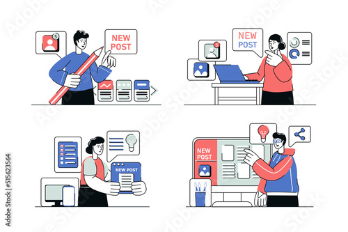Content manager concept set in flat line design. Men and women creating graphic content, writing articles and texts to filling blogs and websites. Vector illustration with outline people scene for web © Andrey