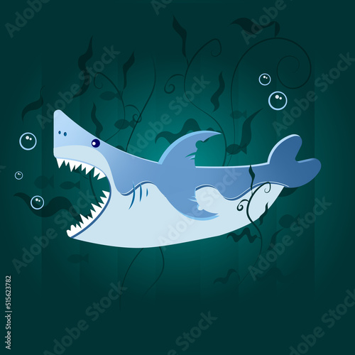 A shark in the ocean among fish and kelp on a green background.