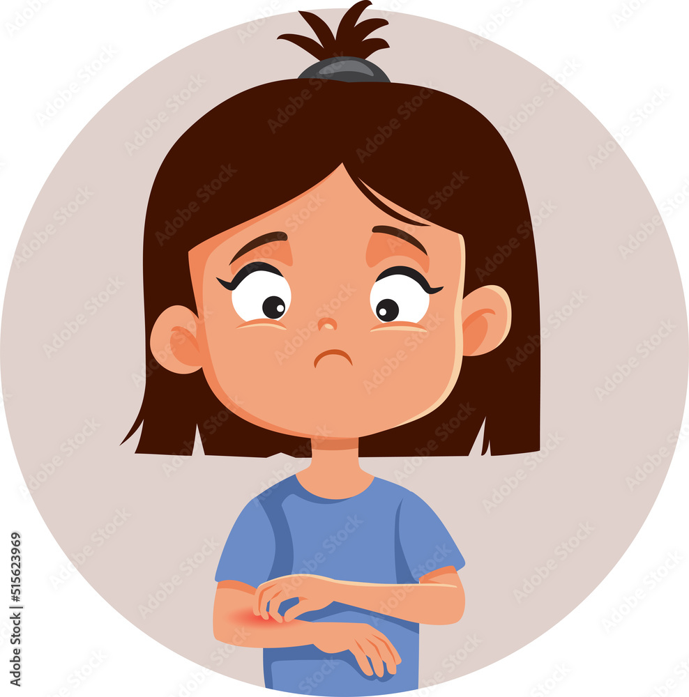 Little Girl with a Rash Scratching her Arm Vector Cartoon Illustration. Child suffering from Painful pruritus caused by an allergic reaction 
