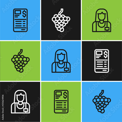 Set line Paper or financial check, Seller and Grape fruit icon. Vector