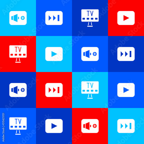 Set Speaker volume, Fast forward, Smart Tv and Play button icon. Vector