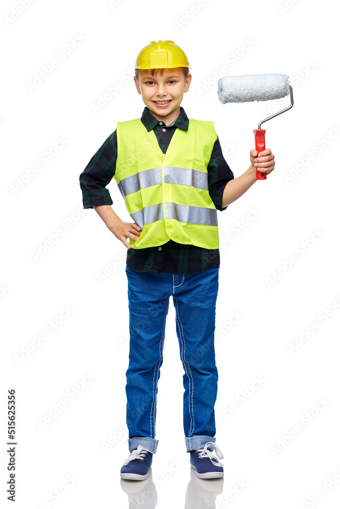 building, construction and profession concept - happy smiling little boy in protective helmet and safety vest with paint roller over white background building, construction and profession concept - happy smiling little boy in protective helmet and safety vest with paint roller over white background