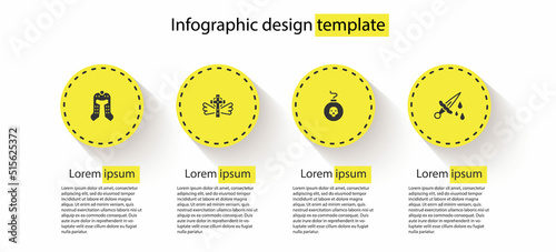 Set Medieval helmet, Christian cross, Bomb ready to explode and Sword with blood. Business infographic template. Vector
