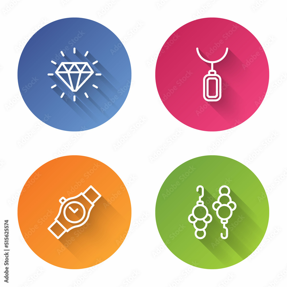 Set line Diamond, Pendant necklace, Wrist watch and Earrings. Color circle button. Vector Set line Diamond, Pendant necklace, Wrist watch and Earrings. Color circle button. Vector