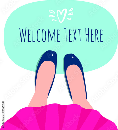 Fashion vector illustration of beauty girl legs. Woman in red dress and shoes. View from above. Welcome banner. View from above