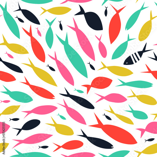 Seamless vector pattern with cute decorative fishes. Funny multicolor background, marine texture