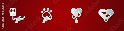 Set Blood donation, Animal volunteer, and Leaf in heart icon. Vector