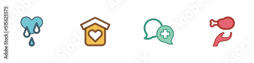 Set Blood donation, Shelter for homeless, Dialogue with doctor and Donation food icon. Vector