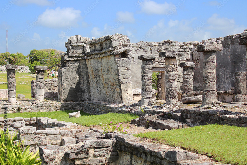 ancient temple at Tulum. The site of a Mayan walled city on Caribbean coastline in mexican Riviera Maya, Yucatan, Mexico