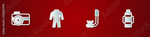 Set Photo camera for diver, Wetsuit scuba diving, Snorkel and Aqualung icon. Vector