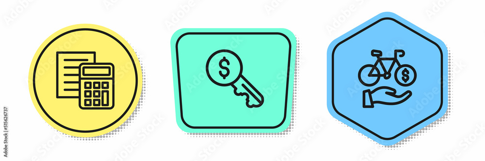 Set line Calculator, Rent key and Bicycle rental mobile app. Colored shapes. Vector Set line Calculator, Rent key and Bicycle rental mobile app. Colored shapes. Vector