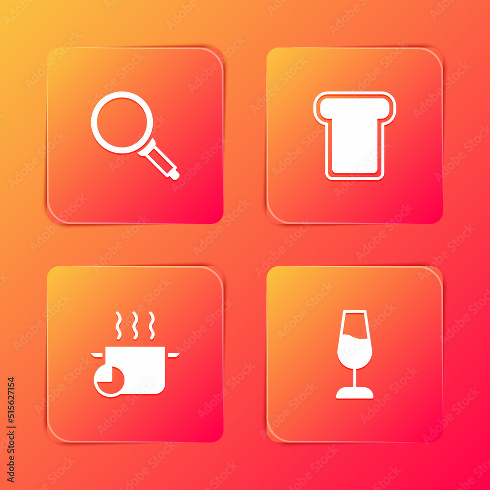 Set Frying pan, Bread toast, Cooking pot and Wine glass icon. Vector Set Frying pan, Bread toast, Cooking pot and Wine glass icon. Vector