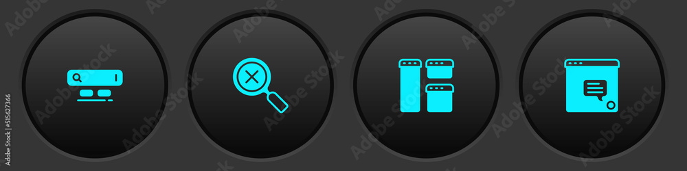 Set Search engine, Magnifying glass and delete, Browser window and New chat messages notification icon. Vector Set Search engine, Magnifying glass and delete, Browser window and New chat messages notification icon. Vector