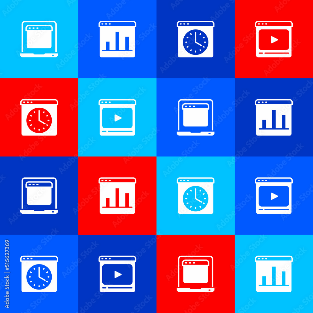 Set Laptop with browser window, Graph chart infographic, Browser and Online play video icon. Vector Set Laptop with browser window, Graph chart infographic, Browser and Online play video icon. Vector