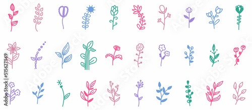 Set of doodle colored pink  purple  blue flowers and branches with leaves decorative elements. Floral  botanical vector illustration design  isolated hand drawn elements. 
