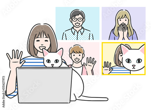 リモート会議に参加する女性と覗き込む猫