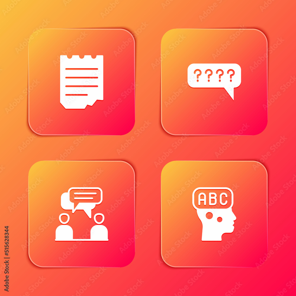 Set Notebook, Speech bubbles with Question, Two sitting men talking and Learning foreign languages icon. Vector