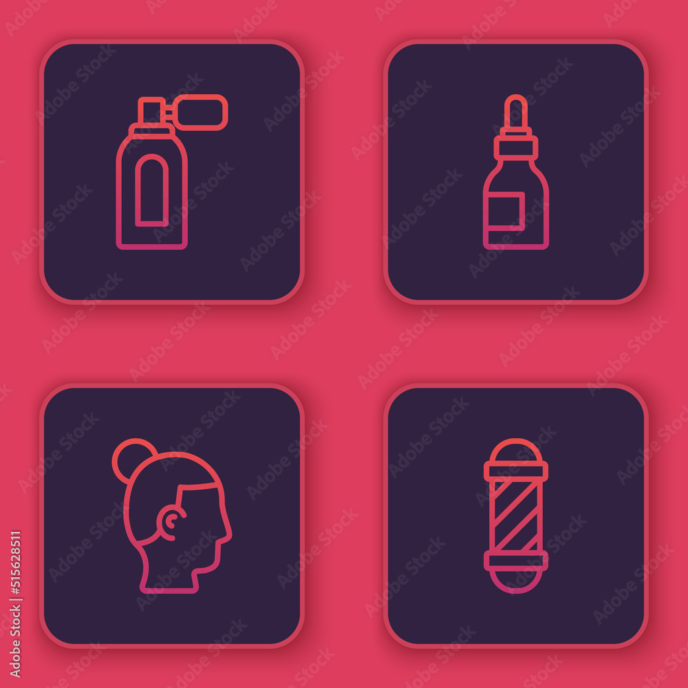 Set line Aftershave with atomizer, Hairstyle for men, Oil bottle and Classic Barber shop pole. Blue square button. Vector Set line Aftershave with atomizer, Hairstyle for men, Oil bottle and Classic Barber shop pole. Blue square button. Vector
