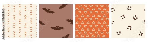 Vector set of simple seamless patterns with bats and pumpkins. For halloween decoration and invitations, fabric, textile and print, web page background, gift and wrapping paper, wallpapers and decor