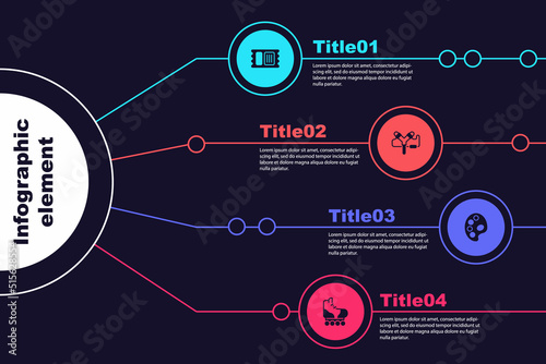 Set Circus ticket, Slingshot, Palette and Roller skate. Business infographic template. Vector