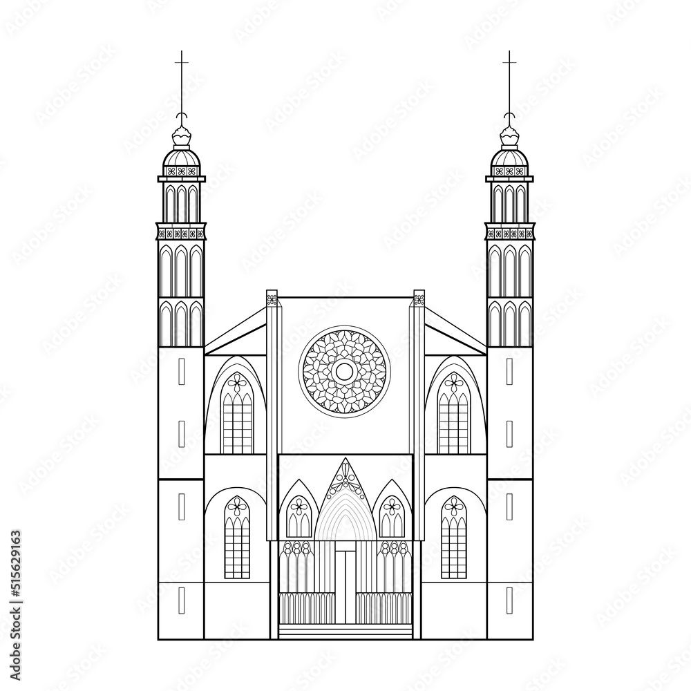 Line art gothic architecture with Santa Maria del Mar in Barcelona, Spain. Blueprint of classic church building. Famous Spanish tourist spot. Religion praying place Saint Mary of the Sea. Vector icon 