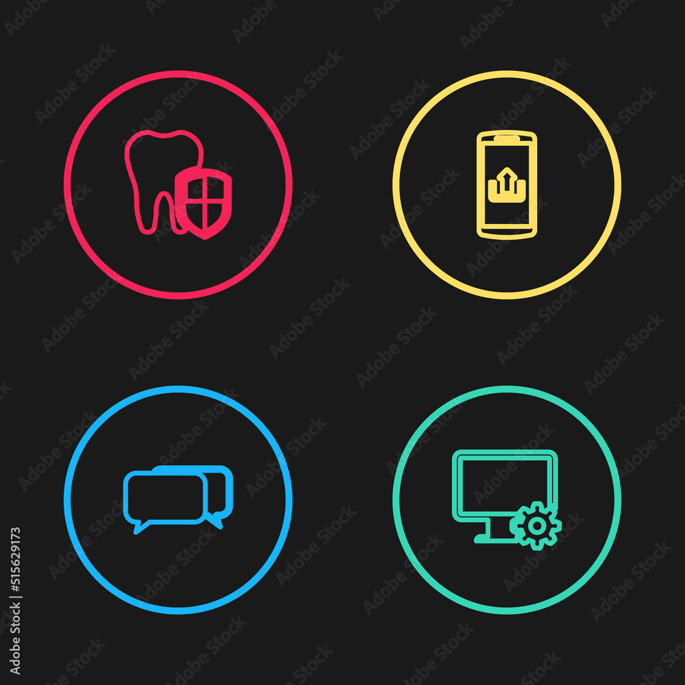 Set line Chat, Computer monitor and gear, Smartphone with upload and Dental protection icon. Vector Set line Chat, Computer monitor and gear, Smartphone with upload and Dental protection icon. Vector