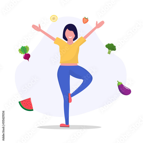 Woman doing yoga on the street. Сoncept of fitness marathon, proper nutrition, healthy food, weight management, beautiful body, vegetables, slimming. Vector illustration flat design