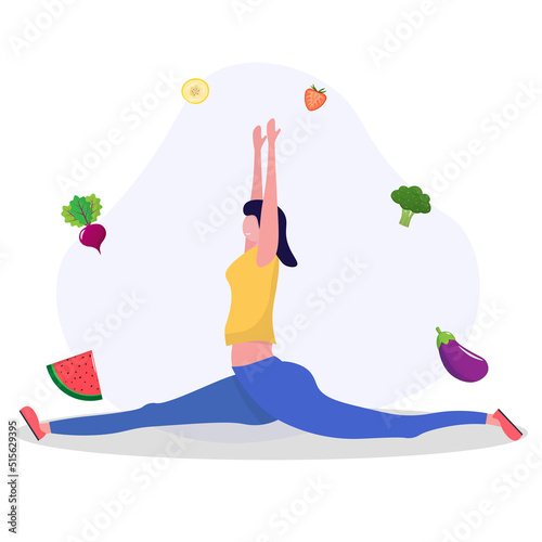 Woman doing yoga on the street. Сoncept of fitness marathon, proper nutrition, healthy food, weight management, beautiful body, vegetables, slimming. Vector illustration flat design