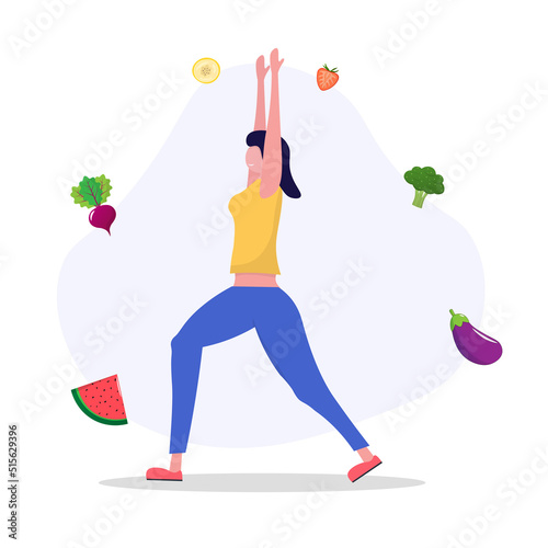 Woman doing yoga on the street. Сoncept of fitness marathon, proper nutrition, healthy food, weight management, beautiful body, vegetables, slimming. Vector illustration flat design