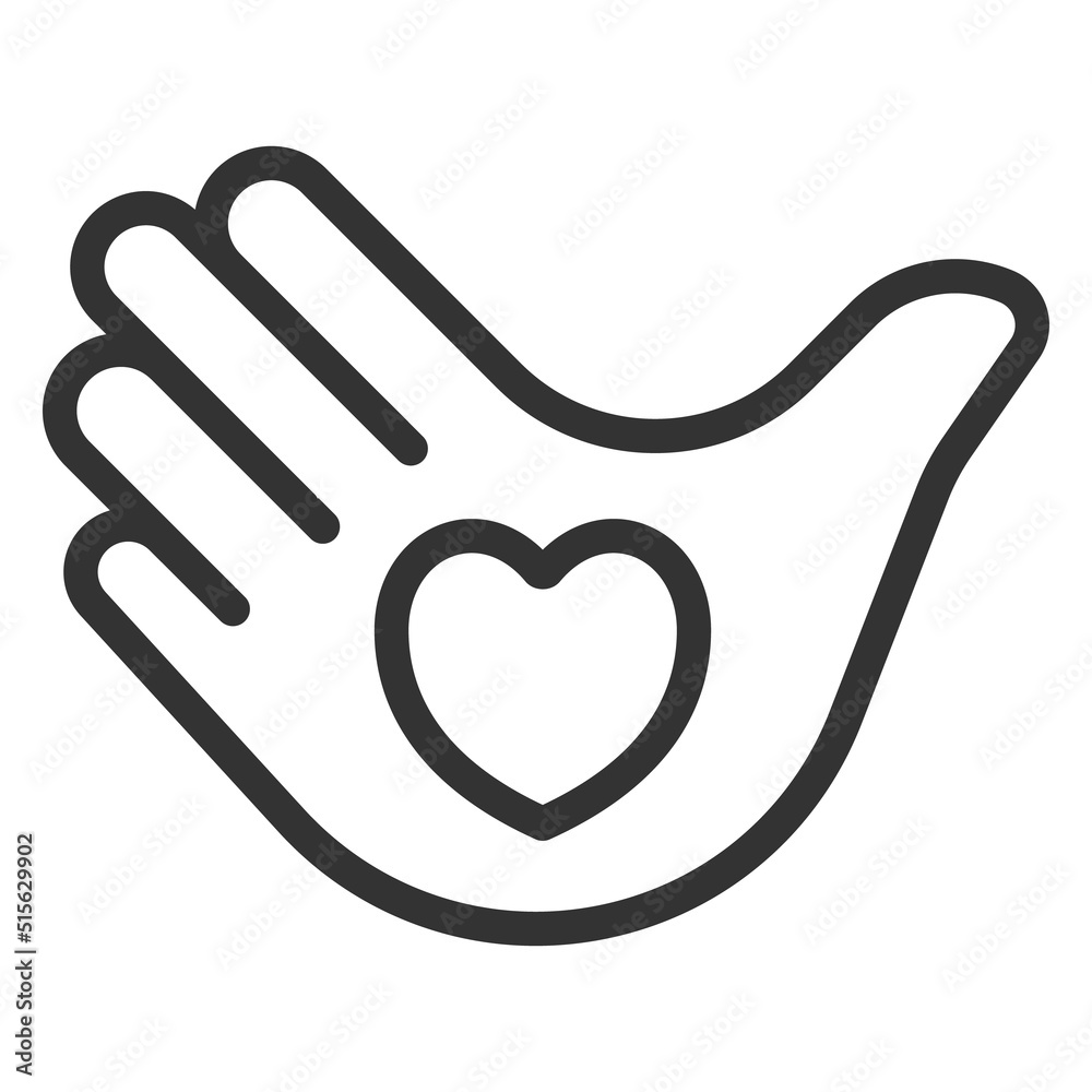 Obraz premium Open palm in the form of a dove and the image of a heart on it, a symbol of peace - vector sign, web icon, illustration on a white background, outline style