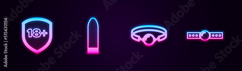 Set line Shield with 18 plus, Dildo vibrator, Silicone ball gag and . Glowing neon icon. Vector