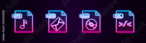 Set line MP3 file document, MSG, WMA and XSL. Glowing neon icon. Vector