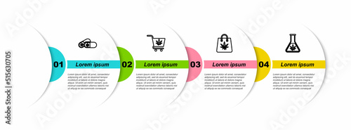 Set line Medical pills with marijuana, Shopping cart, bag of and Test tube. Business infographic template. Vector