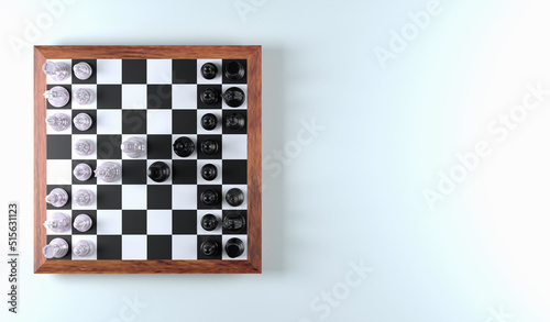 3D top view chess board game lineup and space black background for copy space , your text and other , 3D rendering chess concept photo