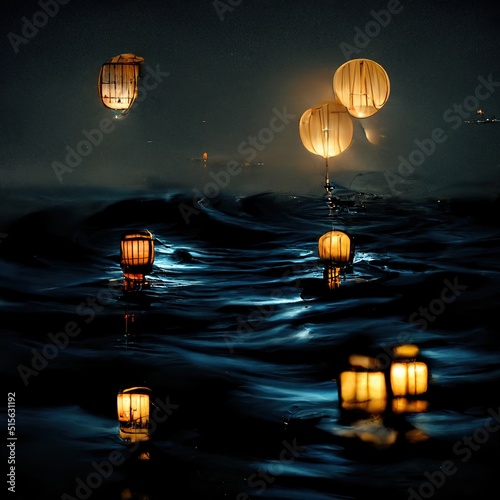 Oriental lanterns flying over the water. reflection of neon lights in water. Romantic evening, lights, night, bokeh. The magical atmosphere of a cozy evening in nature. 3D illustration. © MiaStendal