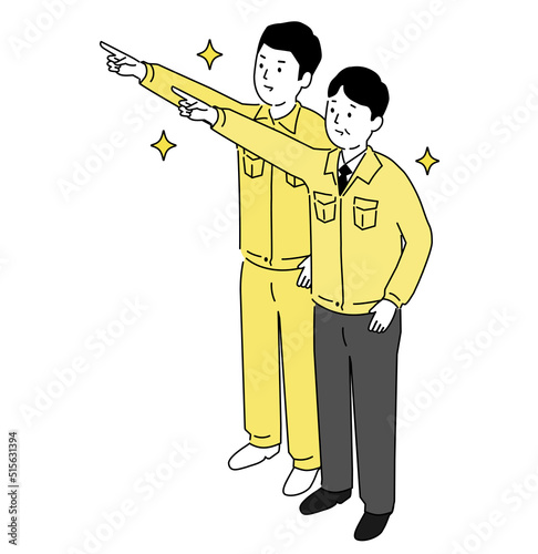 笑顔で指差す作業服の男性2人、3Dイラスト、ベクターイラストレーション