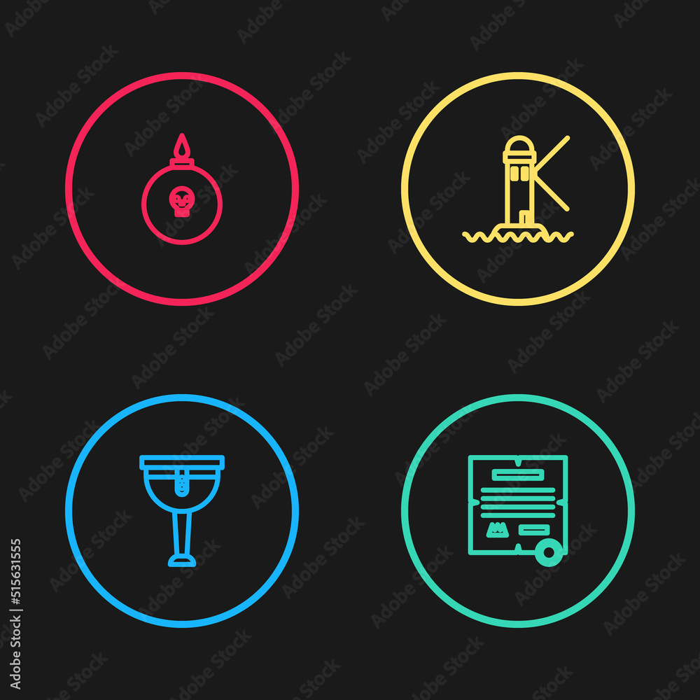 Set line Wooden pirate leg, Decree, parchment, scroll, Lighthouse and Bomb ready to explode icon. Vector Set line Wooden pirate leg, Decree, parchment, scroll, Lighthouse and Bomb ready to explode icon. Vector