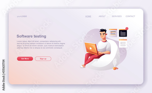 Programming concept, Character web coder at work, vector illustration. Developer programming web site landing page template.