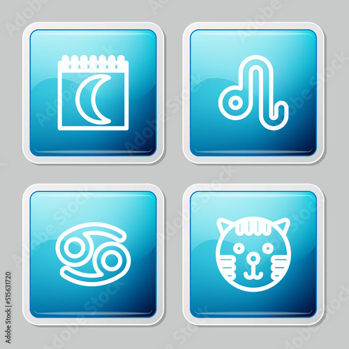 Set line Moon phases calendar, Leo zodiac, Cancer and Tiger icon. Vector