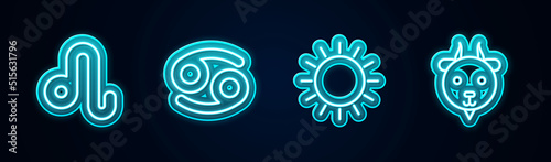Set line Leo zodiac, Cancer, Sun and Aries. Glowing neon icon. Vector