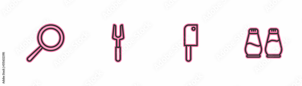 Set line Frying pan, Meat chopper, Barbecue fork and Salt and pepper icon. Vector Set line Frying pan, Meat chopper, Barbecue fork and Salt and pepper icon. Vector