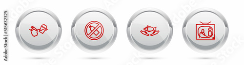 Set line Problem pollution of the ocean, No plastic bottle, Fish care and Stop. Silver circle button. Vector