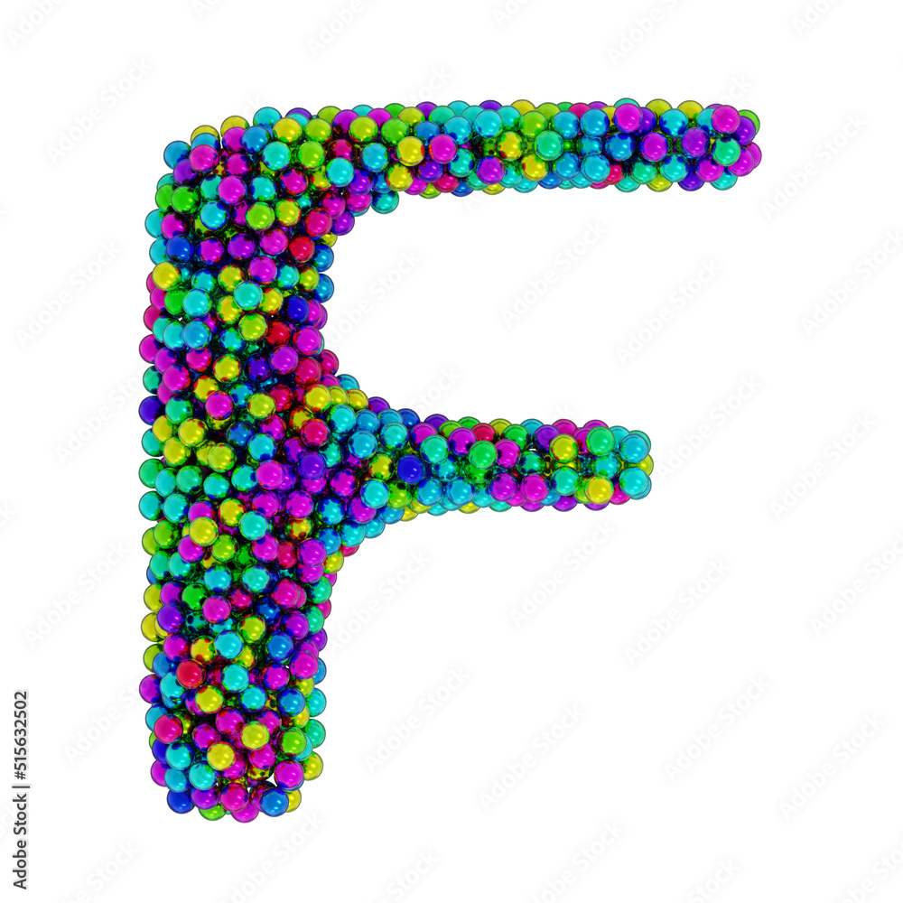 Letter F made of colored metal balls, isolated on white, 3d rendering