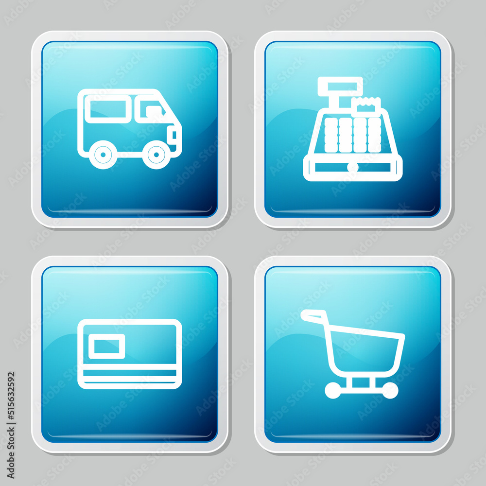 Set line Delivery cargo truck vehicle, Cash register machine, Credit card and Shopping cart icon. Vector Set line Delivery cargo truck vehicle, Cash register machine, Credit card and Shopping cart icon. Vector