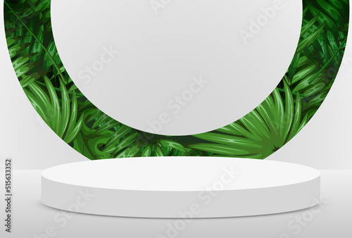 Abstract eco scene background. Cylinder podium with leaves on white background. Product presentation, mock up, show natural cosmetic product. Podium, stage pedestal or platform.