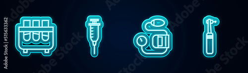 Set line Test tube and flask, Syringe, Blood pressure and Tooth drill. Glowing neon icon. Vector