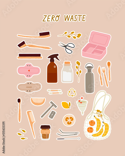 Set of cute stickers. Zero waste reusable products with lettering. Cleaning brush, glass jars, lunch box, bamboo cutlery, scissors, coffee cup, water bottle, metal straw, menstrual pads and cup.