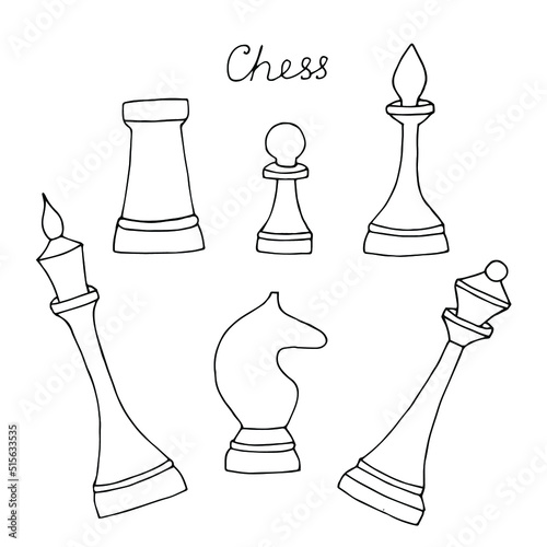 Set of chess pieces vector illustration, hand drawing doodles